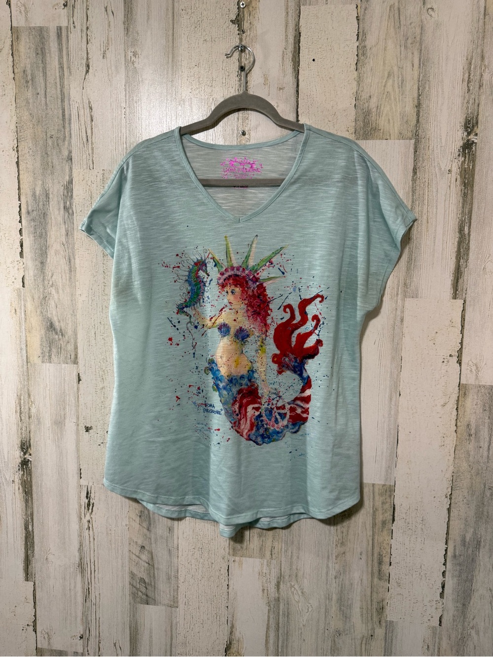 Women’s Light Blue V-Neck Mermaid Graphic Tee